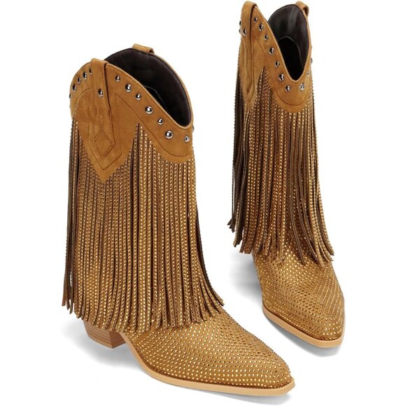 Women's Brown Rhinestone Fringe Cowgirl Ankle Boots Sparkly Western Cowboy Boot - Picture 4 of 6